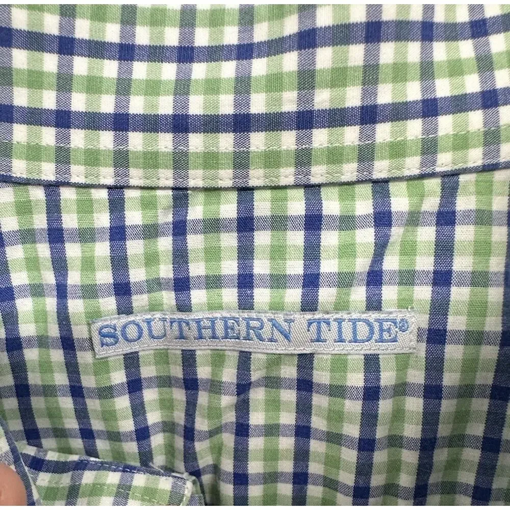 Southern Tide Shirt Mens Large Green Blue White Check Preppy Classic Button Down